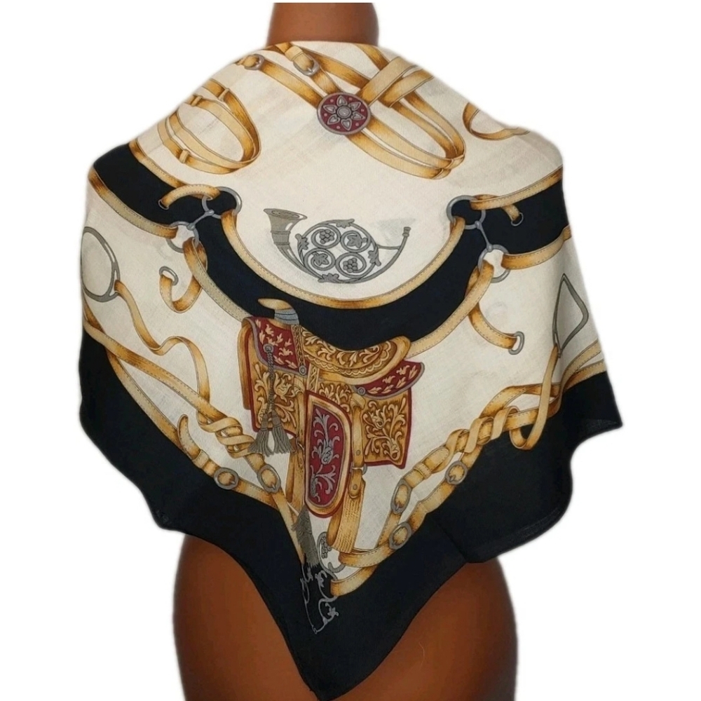 VTG 90s Equestrian Neck Satin Scarf Saddle Bridle French Horn Old Money 34" Sq